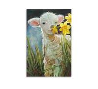 Vinkora Cute Lamb Wall Art Whimsical Animal Poster Featuring Baby Sheep with Daffodils Pastoral Nursery Decor for Kids Room Farm Animal Painting for Springtime Home Decoration Gift 08x12inch Unframe