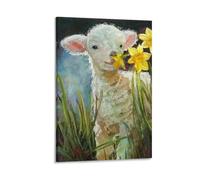 Vinkora Cute Lamb Wall Art Whimsical Animal Poster Featuring Baby Sheep with Daffodils Pastoral Nursery Decor for Kids Room Farm Animal Painting for Springtime Home Decoration Gift 16x24inch Frame