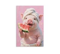 Vinkora Cute Pig Eating Watermelon Wall Art Funny Animal Bathroom Poster with Towel And Pink Background Whimsical Farmhouse Decor for Kitchen Toilet Or Guest Washroom Gift 12x18inch Unframe