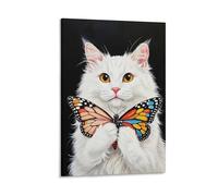 Vinkora Funny Cat Oil Painting Fashion Poster Girl Room Wall Art Butterfly Cat Poster Cute Pet Animal Fun Black And White Wall Art Canvas Print Gift 24x36inch Frame