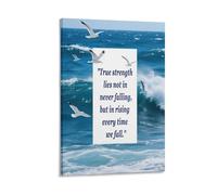 Vinkora Inspirational Ocean Wall Art Print “True Strength Lies in Rising” Quote with Seagulls And Waves Uplifting Coastal Poster for Office Or Relaxation Room Decor Gift 12x18inch(30x45cm) Framed