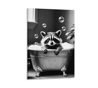 Vinkora Raccoon Bubble Bath Wall Art Print Cute Black And White Animal Poster for Bathroom Or Nursery Whimsical Woodland Creature Wall Decor Gift 20x30inch Frame