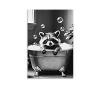 Vinkora Raccoon Bubble Bath Wall Art Print Cute Black And White Animal Poster for Bathroom Or Nursery Whimsical Woodland Creature Wall Decor Gift 08x12inch Unframe