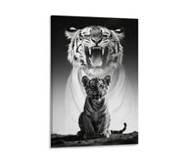 Vinkora Tiger Cub with Roaring Shadow Black And White Poster Powerful Motivational Animal Wall Art for Office Gym Boys Room Or Study Decor Gift 12x18inch(30x45cm) Framed