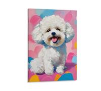 Vinkora White Fluffy Dog Wall Art Cute Bichon Frise Poster Print for Pet Lovers Kids Room Nursery Or Grooming Salon Colorful Animal Lover Home Decor Gift 16x24inch Frame