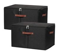 VinneGenzz 2 Pack Storage Bins with Zipper Lid Cotton Linen Fabric Lidded Storage Baskets Boxes Foldable Washable Closet Shelf Clothes Organizer Container with PU Leather Handles (Black, Jumbo Size)