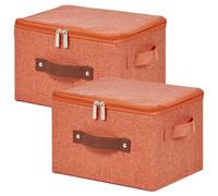 VinneGenzz 2 Pack Storage Bins with Zipper Lid Cotton Linen Fabric Lidded Storage Baskets Boxes Foldable Washable Closet Shelf Clothes Organizer Container with PU Leather Handles (Orange, Small)