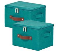 VinneGenzz 2 Pack Storage Bins with Zipper Lid Cotton Linen Fabric Lidded Storage Baskets Boxes Foldable Washable Closet Shelf Clothes Organizer Container with PU Leather Handles (Teal Blue, Small)