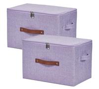 VinneGenzz 2 Pack Storage Bins with Zipper Lid Cotton Linen Fabric Lidded Storage Baskets Boxes Foldable Washable Closet Shelf Clothes Organizer Container with PU Leather Handles (Purple, Large)