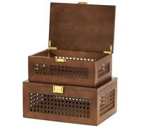 VinneGenzz 2PCS Decorative Rattan Storage Boxes Wood Baskets Bins with Lid Keepsake Memory Jewelry Box Handwoven Natural Boho Shelf Wicker Closet Desk Organizer Container (Walnut, 1 Large 1 Small)