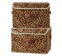 VinneGenzz 2PCS Storage Bin with Lid Leopard Print Cute Velvet Fabric Storage Basket Box Faux Leather Handles PP Plastic Board Foldable Washable Lidded Closet Shelf Organizer Container (Large Size)