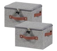 VinneGenzz 2PCS Storage Bins Boxes with Zipper Lid Combination Lock PU Leather Handle Cotton Linen Fabric Lidded Lockable Basket Foldable Washable Closet Shelf Organizer Container (Light Gray, Small)