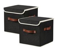 VinneGenzz 2PCS Storage Cubes with Lid Fabric Storage Bins Boxes PU Leather Handles Cotton Linen Closet Organizer Container Decorative Foldable Washable Shelf Cloth Basket (Flip-top Lid, Black, 11in)