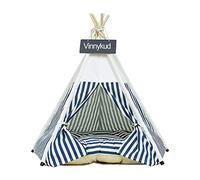 Vinnykud Pets Teepee Dogs Tent Stripes Removable and Washable Cats Tents Dog/Cat Bed Play House With Cushion (Blue, L:60x60x70cm)