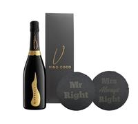 Vino Coco Bottega Prosecco Gift Set with Mr & Mrs Engraved Slate Coasters - Prosecco Gift Set for Wedding, Anniversary, Engagement, Birthday - Coasters Engraved with "Mr Right" and "Mrs Always Right"