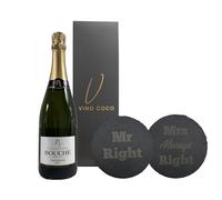 Vino Coco Champagne Gift Set with Mr & Mrs Engraved Slate Coasters - Bouché Champagne Gift Set for Wedding, Anniversary, Engagement, Birthday - Coasters Engraved with "Mr Right" and "Mrs Always Right"