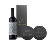 Vino Coco Malbec Red Wine Gift Set with Mr & Mrs Engraved Slate Coasters - Red Wine Gift Set for Wedding, Anniversary, Engagement, Birthday - Coasters Engraved with "Mr Right" and "Mrs Always Right"