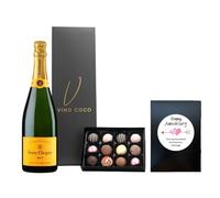 Vino Coco Personalised "Happy Anniversary" Veuve Clicquot Champagne Gift Set | Veuve Clicquot Yellow Label Brut Champagne Gift Set with 12 Luxury Chocolate Truffles - 12.5% ABV