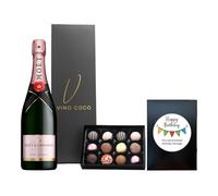 Vino Coco Personalised "Happy Birthday" Moët & Chandon Pink Champagne Gift Set | Moët & Chandon Rosé Impérial Brut Champagne Gift Set with 12 Luxury Chocolate Truffles - 12% ABV