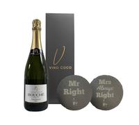 Vino Coco Wedding/Anniversary/Couples Champagne Gift Set | Bouché Champagne with Mrs & Mrs Engraved Slate Coasters | Engraved with "Mr Right" and "Mrs Always Right"