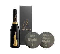 Vino Coco Wedding/Anniversary/Couples Prosecco Gift Set | Bottega Prosecco with Mrs & Mrs Engraved Slate Coasters | Engraved with "Mr Right" and "Mrs Always Right"