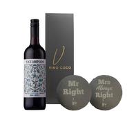 Vino Coco Wedding/Anniversary/Couples Red Wine Gift Set | Argentinian Malbec with Mrs & Mrs Engraved Slate Coasters | Engraved with "Mr Right" and "Mrs Always Right"