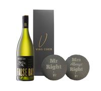 Vino Coco Wedding/Anniversary/Couples White Wine Gift Set | Sauvignon Blanc with Mrs & Mrs Engraved Slate Coasters | Engraved with "Mr Right" and "Mrs Always Right"