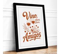 Vino Olivas Amigos Typography Framed Wall Art Print A4 Black