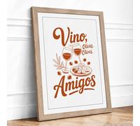 Vino Olivas Amigos Typography Framed Wall Art Print A4 Oak