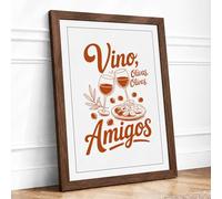 Vino Olivas Amigos Typography Framed Wall Art Print A4 Walnut