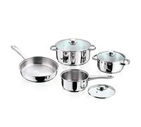 Vinod 7pc Stainless Steel Cookware Set (Frypan/Sauce Pan 2 Cooking Pots w/Glass Lid), Medium, Silver