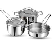 Vinod Classic Deluxe Stainless Steel Classic Deluxe Cookware Set of 3 Pcs - Saucepan (16cm), Saucepot (18cm) & Frypan (20cm) | Induction & Gas Compatible | Extra Deep, Riveted Handles | Rust-Free