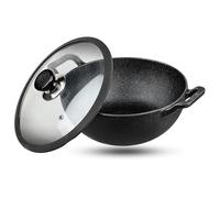 Vinod Legacy Pre-Seasoned Cast Iron Wok (Kadai) with Glass Lid,Deep Frying Pan Wok for Cooking, Non-Stick Cookware,Induction & Gas Compatible, Safe Grip Handle, Black (26cm. Diameter Black with Lid)