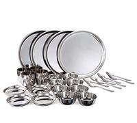 Vinod Stainless Steel Dinner Set | 4 Stainless Steel Plates, 8 Bowls, 8 Shiny Spoons, 4 Conical Glasses 4 Halwa Plates | Corrosion, Rust Resistant | Ideal For Indian Household | Eco-Friendly