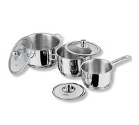 Vinod Tuscany Stainless Steel Cookware Combo Set of 3 with Glass Lid, Saucepan 14cm, Casserole16 cm, 18 cm Diameter 5mm Thick, Extra Deep Induction Base