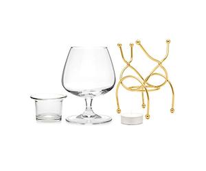 Vinology Brandy Warmer Set - Gold Brandy Glass & Warmer Stand with Tealight | Deluxe Brandy & Cognac Warming Set | Bar Originale