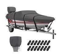 VINPATIO 600D Boat Cover Bass Boat Cover with Boat Motor Cover, 14-16 ft Heavy Duty Boat Covers 100% Waterproof Marine Grade Trailerable Boat Cover Fits V-Hull Runabout Fishing Boat Bass Boat, Grey