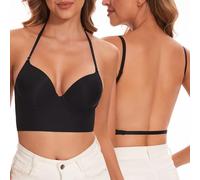 Vinperfor Low Back Bra for Women-Seamless Invisiable Backless Bras-Lightly Lined Open Back Convertible Halter Multiway Low Cut Bra (Black, 32E)