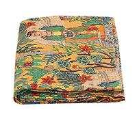 Vinsan Home Indian Handmade Kantha Quilted Vintage Farida Kahlo Printed Cotton Quilt Boho Coverlet Throw Bedspread Blanket Bedcover Bedding Home Decorative Gudri (Twin 60" x 90", Yellow)