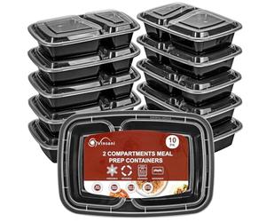 Vinsani 2 Compartment Meal Prep Containers - 10/20/30 Pack 30oz BPA-Free Reusable Plastic Food Storage Trays with Lids, Stackable Bento Lunch Boxes - Microwave, Freezer & Dishwasher Safe (20 Pack)