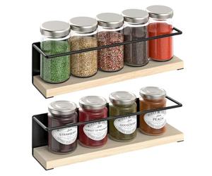 Vinsani 2 Pack Magnetic Spice Rack - Strong Magnet Herb & Jar Holder | Hanging Rack Wall Mounted No Drill Spice Organiser with Solid Wood Shelf, Modern Minimalist Design - 29.5 x 6.5 x 8cm