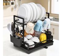 Vinsani Dish Drying Drainer Rack 2 Tier Space Saving Dish Rack Modern Kitchen Drying Rack with Cutlery Holder Auto Drainage System Dish Draining Rack for Kitchen Countertop (Black)