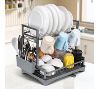 Vinsani Dish Drying Drainer Rack 2 Tier Space Saving Dish Rack Modern Kitchen Drying Rack with Cutlery Holder Auto Drainage System Dish Draining Rack for Kitchen Countertop (Grey)