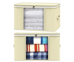 Vinsani 2pcs Clothes Storage Bags Organiser Huge Capacity Wardrobe Duvet Underbed Storage with Double Zipper, Moisture-Proof Big Clear Windows Perfect Space for Clothes, Beddings, Blankets - Beige