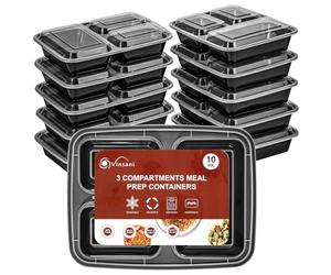 Vinsani 3 Compartment Meal Prep Containers - 10/20/30 Pack 32oz BPA-Free Reusable Plastic Food Storage Trays with Lids, Stackable Bento Lunch Boxes - Microwave, Freezer & Dishwasher Safe (10 Pack)