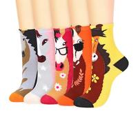 Vinsani 5-Pair Pack Cute Animal Print Socks Fun Colorful Cotton Sock | One Size Fits All Soft Breathable Comfortable Everyday for School Casual Wear (UK, Age, One Size, Regular, Horse)