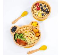 Vinsani Baby Bamboo Weaning Set, Suction Plate, Bowl & Spoon for Toddler | Food-Grade Silicone Baby Feeding Set, Non-Slip Base Bowl, BPA-Free Wooden Dinnerware for Kids, Panda Themed - Yellow