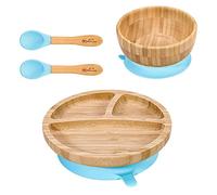 Vinsani Bamboo Bowl, Round Plate and Spoon Set for Baby/Toddler, Suction Plate, Stay-Put Design, Hypoallergenic and BPA-Free (Blue)