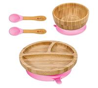 Vinsani Bamboo Bowl, Round Plate and Spoon Set for Baby/Toddler, Suction Plate, Stay-Put Design, Hypoallergenic and BPA-Free (Pink)