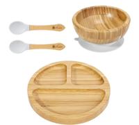 Vinsani Bamboo Bowl, Round Plate and Spoon Set for Baby/Toddler, Suction Plate, Stay-Put Design, Hypoallergenic and BPA-Free (Grey)